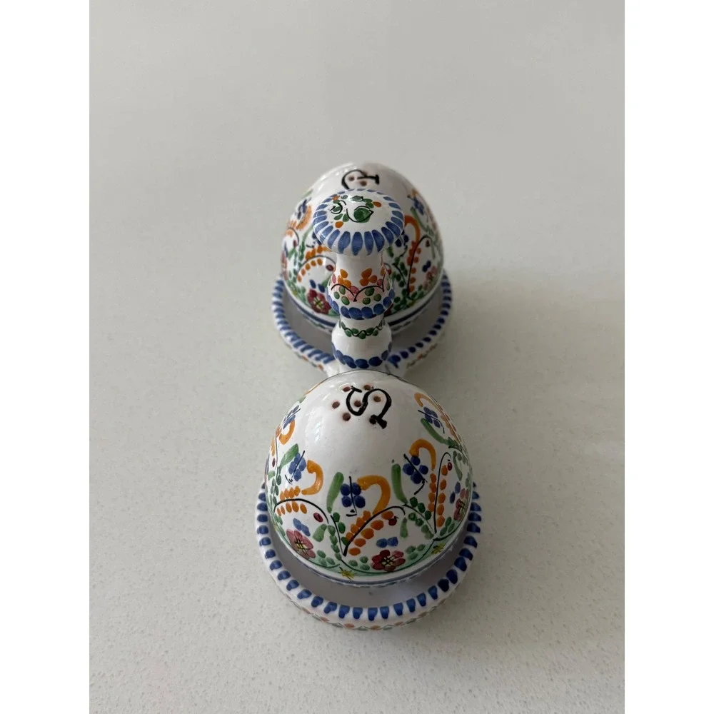 Vtg Sevilla Cruz Hand Painted Ceramic Salt and Pepper Shakers with Caddy Spain